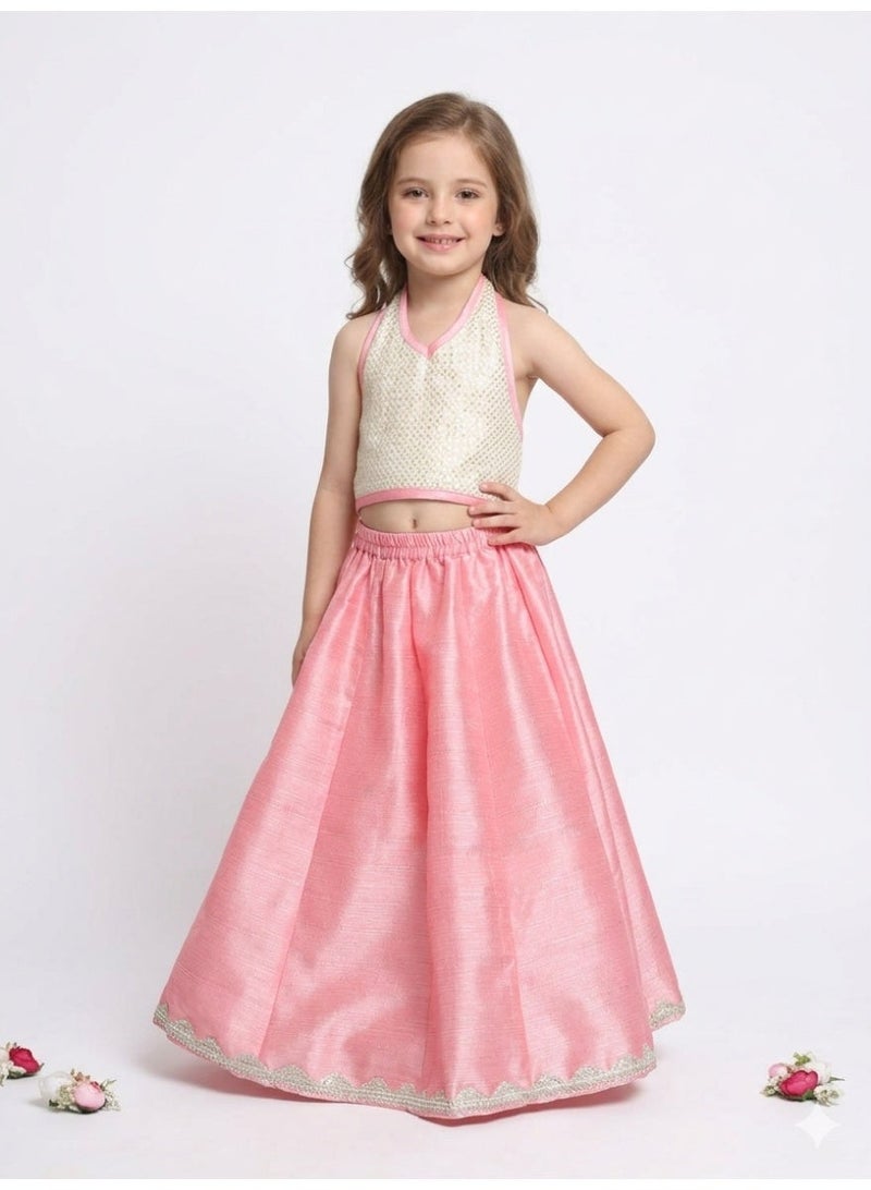 Saka Designs Girls Pink Sequinned Lehenga and Blouse Set - Image 1