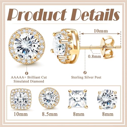 MILACOLATO Cubic Zirconia Stud Earrings Women Men 18K Yellow Gold Plated Hypoallergenic Sterling Silver Post Earrings Brilliant Large Simulated Diamond Halo Stud Earrings for Sensitive Ears - Image 4