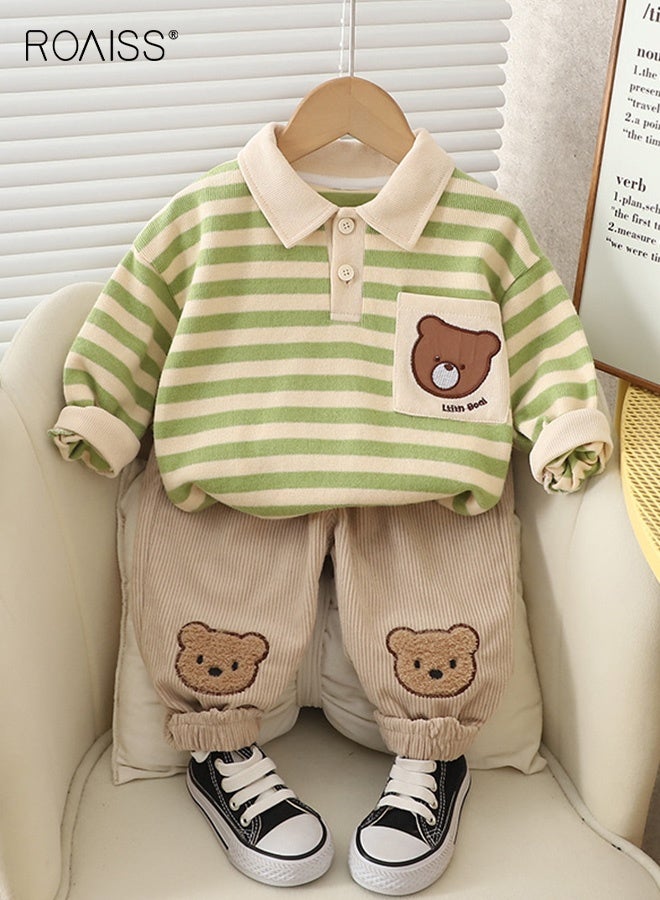 roaiss 2PCS Boys Fall Spring Outfits, Stylish Polo Shirt and Pants Set for Toddlers, Long Sleeve Striped Top and Elastic Waist Cuffed Pants Set, Suitable for Daily Wear or Any Occasion - Image 4