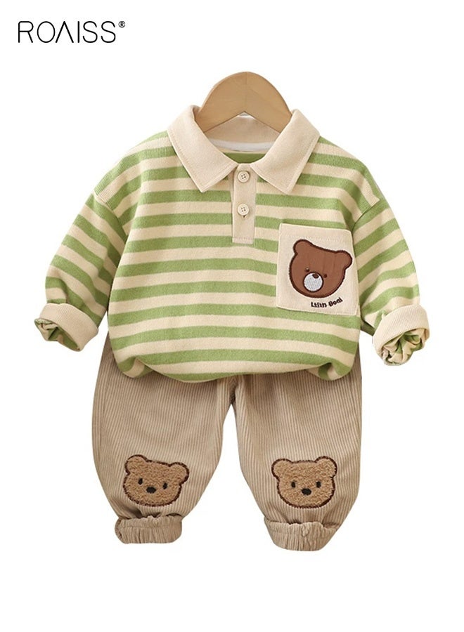 roaiss 2PCS Boys Fall Spring Outfits, Stylish Polo Shirt and Pants Set for Toddlers, Long Sleeve Striped Top and Elastic Waist Cuffed Pants Set, Suitable for Daily Wear or Any Occasion - Image 1