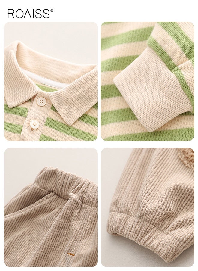 roaiss 2PCS Boys Fall Spring Outfits, Stylish Polo Shirt and Pants Set for Toddlers, Long Sleeve Striped Top and Elastic Waist Cuffed Pants Set, Suitable for Daily Wear or Any Occasion - Image 3