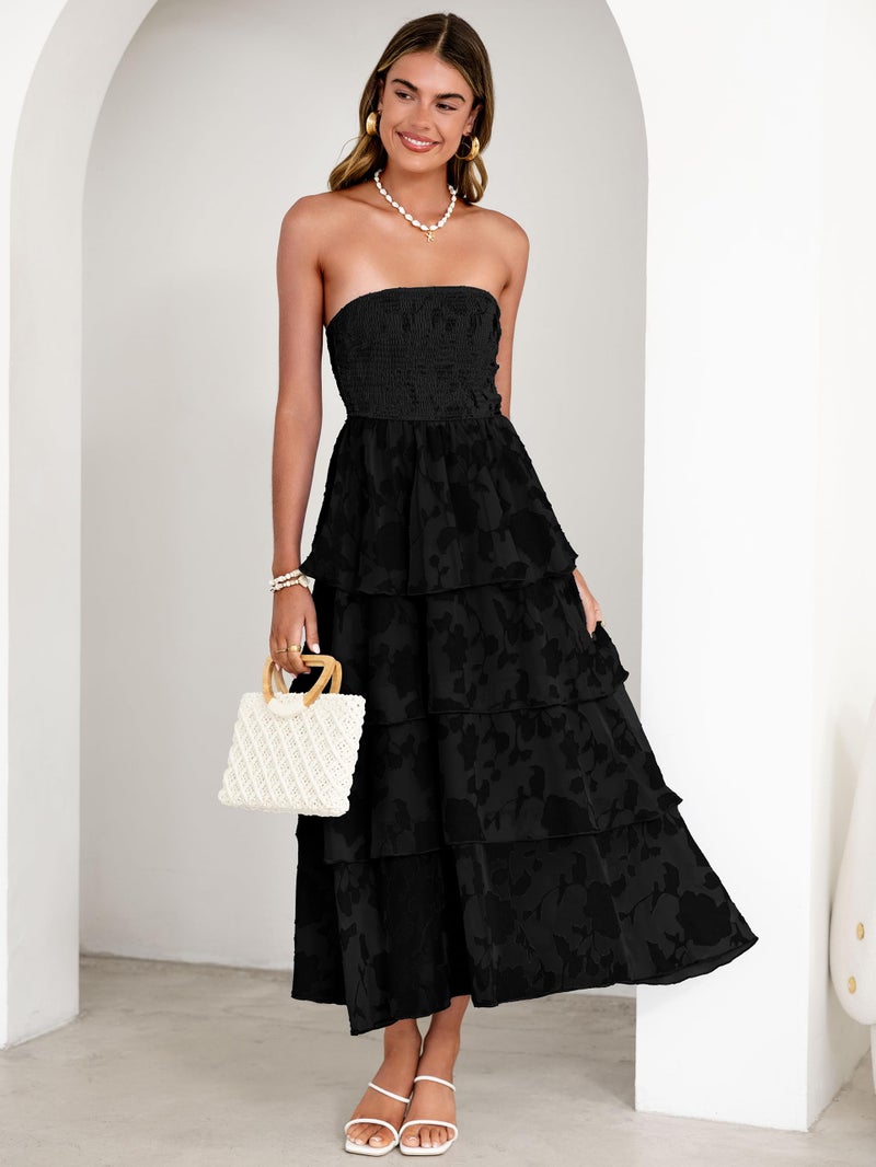 Simplee Womens Black Spring Strapless Maxi Dress 2026 Off The Shoulder Casual Cute Floral Boho Smocked Tube Dresses Vacation Long Sundress(Black S) - Image 3