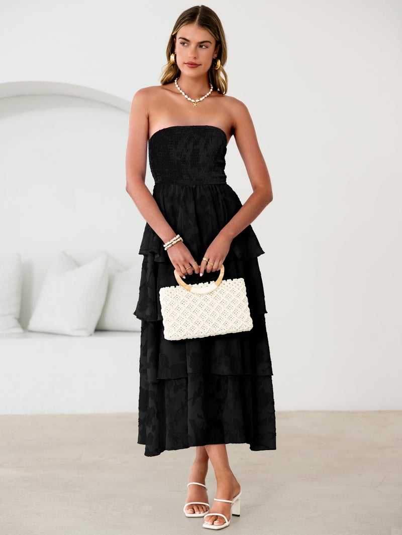 Simplee Womens Black Spring Strapless Maxi Dress 2026 Off The Shoulder Casual Cute Floral Boho Smocked Tube Dresses Vacation Long Sundress(Black S) - Image 4