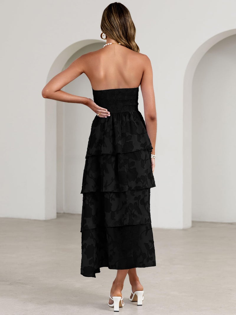 Simplee Womens Black Spring Strapless Maxi Dress 2026 Off The Shoulder Casual Cute Floral Boho Smocked Tube Dresses Vacation Long Sundress(Black S) - Image 5