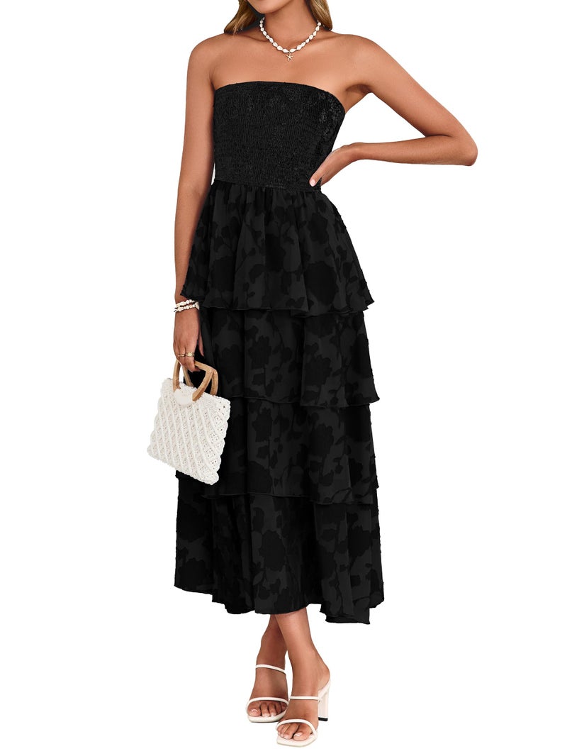 Simplee Womens Black Spring Strapless Maxi Dress 2026 Off The Shoulder Casual Cute Floral Boho Smocked Tube Dresses Vacation Long Sundress(Black S) - Image 1