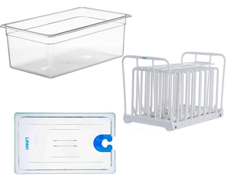 LIPAVI Sous Vide System Model NXC20UNIR  with C20 Container one N20X Rack and an Universal lid  fits virtually any sous vide machine up to 2755 inches 70mm in diameter