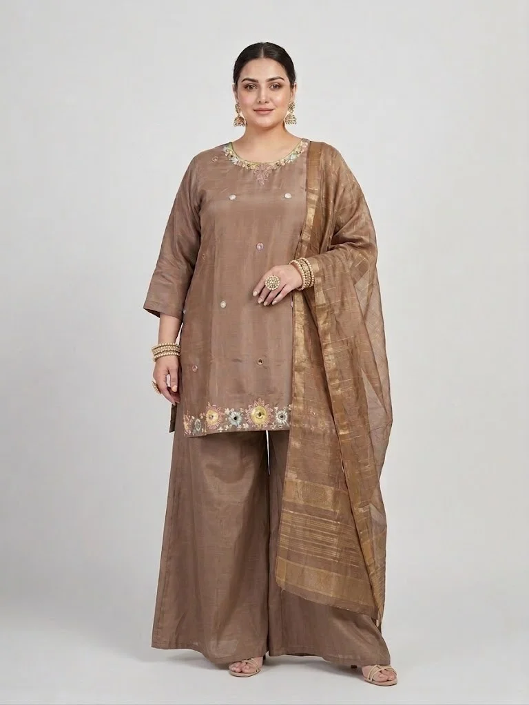 VINY Brown Floral Embroidered Suit Set – Plus Size Women's Indian Ethnic Wear