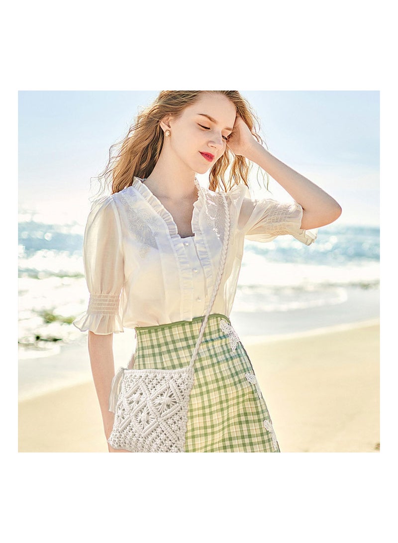 Zikra Handmade White Straw Cross Body Bag for Women, Beach-Ready Straw Messenger Bag Artisanal White Straw Shoulder Bag with Zipper Zippered White Straw Beach Bag for Women's Beach Outings - Image 3