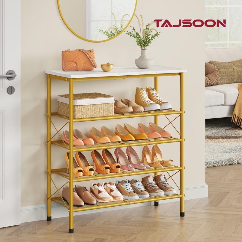 Tajsoon 5 Tier Shoe Rack Organizer for 16-20 Pairs of Shoes, Metal Mesh Shoe Shelf for Closet, Industrial Shoe Rack for Entryway Shoe Storage with X Shape Fixed Frame, White & Gold - Image 2
