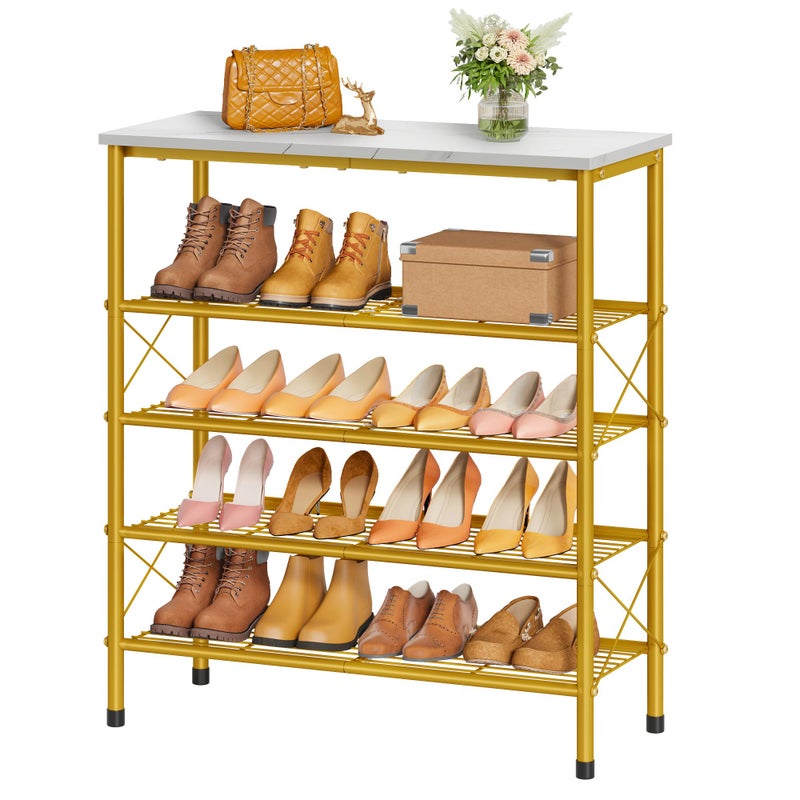 Tajsoon 5 Tier Shoe Rack Organizer for 16-20 Pairs of Shoes, Metal Mesh Shoe Shelf for Closet, Industrial Shoe Rack for Entryway Shoe Storage with X Shape Fixed Frame, White & Gold - Image 1