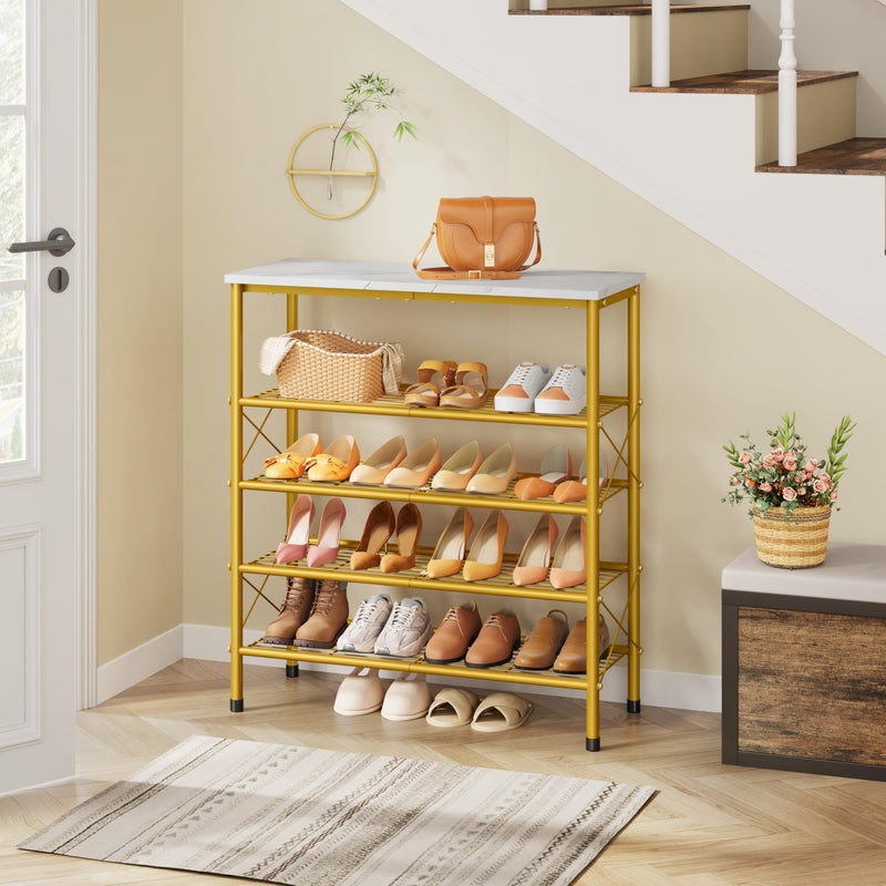 Tajsoon 5 Tier Shoe Rack Organizer for 16-20 Pairs of Shoes, Metal Mesh Shoe Shelf for Closet, Industrial Shoe Rack for Entryway Shoe Storage with X Shape Fixed Frame, White & Gold - Image 5