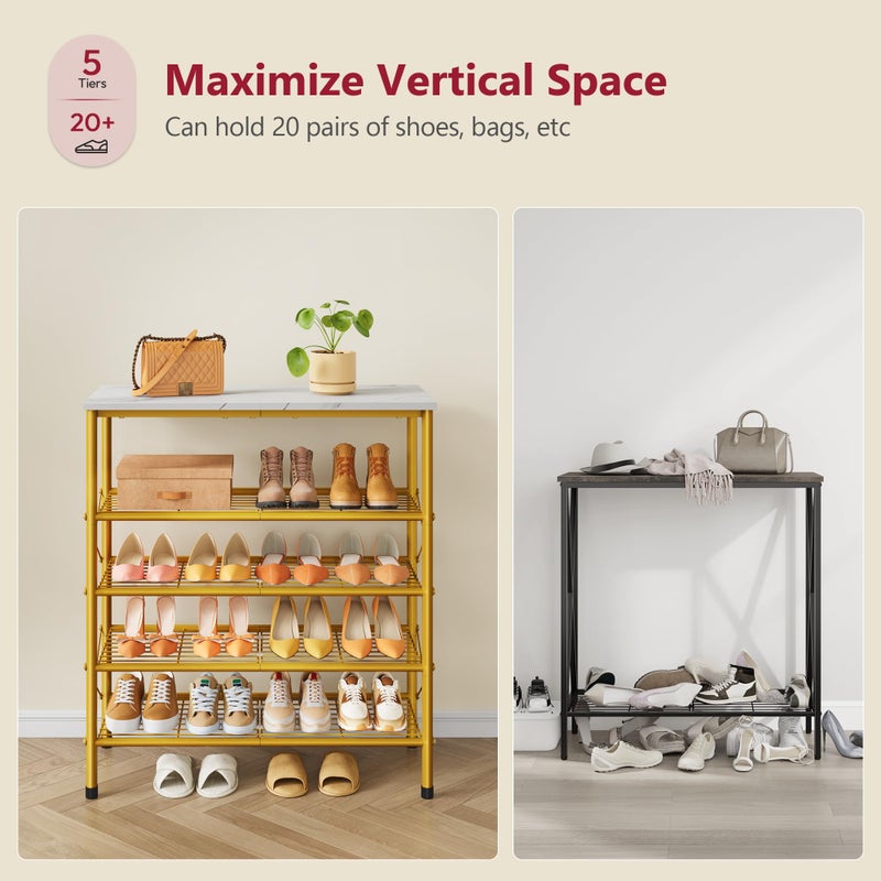 Tajsoon 5 Tier Shoe Rack Organizer for 16-20 Pairs of Shoes, Metal Mesh Shoe Shelf for Closet, Industrial Shoe Rack for Entryway Shoe Storage with X Shape Fixed Frame, White & Gold - Image 3