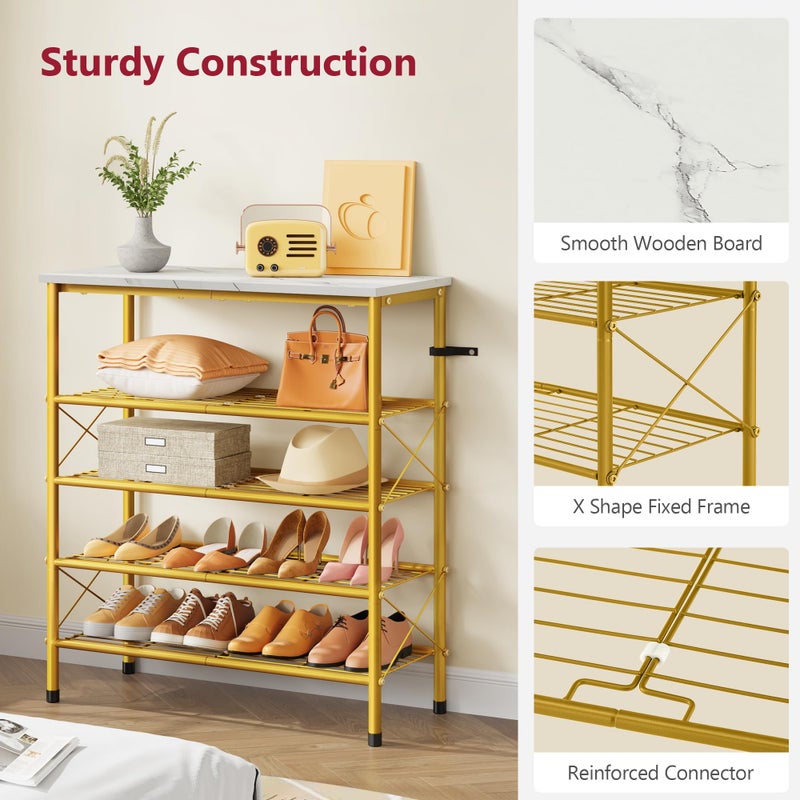 Tajsoon 5 Tier Shoe Rack Organizer for 16-20 Pairs of Shoes, Metal Mesh Shoe Shelf for Closet, Industrial Shoe Rack for Entryway Shoe Storage with X Shape Fixed Frame, White & Gold - Image 4