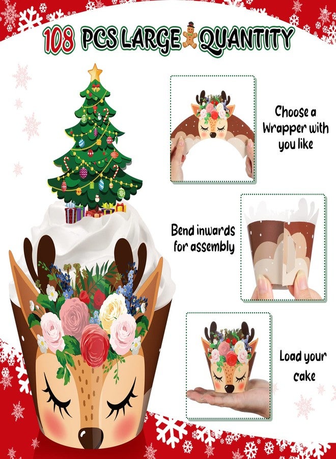 Perthlin 108 Pieces Christmas Cupcake Toppers Wrappers Snowman Santa Claus Reindeer Elf Penguin Gingerbread Christmas Tree Cake Decorations Cupcake Picks Liners for Xmas Holiday Party Supplies Favors - Image 3