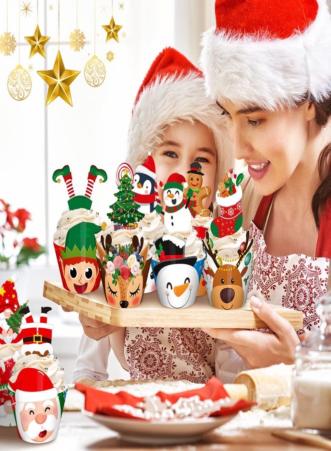 Perthlin 108 Pieces Christmas Cupcake Toppers Wrappers Snowman Santa Claus Reindeer Elf Penguin Gingerbread Christmas Tree Cake Decorations Cupcake Picks Liners for Xmas Holiday Party Supplies Favors - Image 5