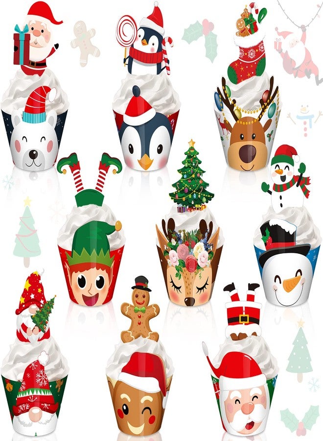 Perthlin 108 Pieces Christmas Cupcake Toppers Wrappers Snowman Santa Claus Reindeer Elf Penguin Gingerbread Christmas Tree Cake Decorations Cupcake Picks Liners for Xmas Holiday Party Supplies Favors - Image 1