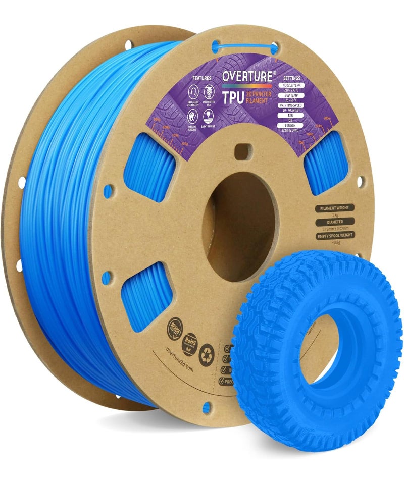 OVERTURE TPU Filament 175mm Flexible Roll 95A Soft 3D Printer Filament 1kg Spool 22 lbs Fit Most FDM Printer TPU Digital Blue