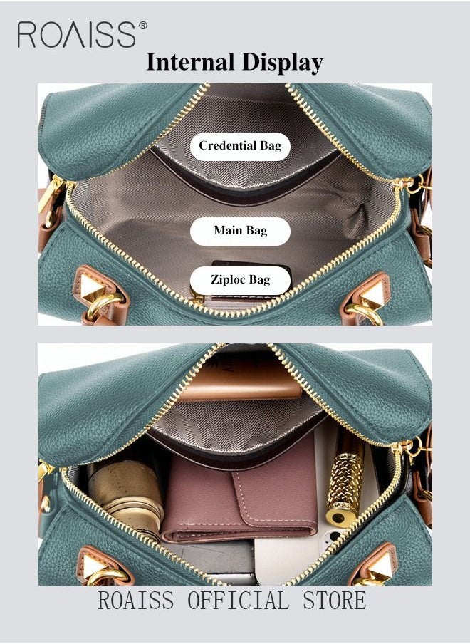 roaiss - Women's New Fashion Bags Soft Leather Simple Classic Crossbody Bag Double Layer Compartment Zippers Closure Handbag Boston Bag - Image 1