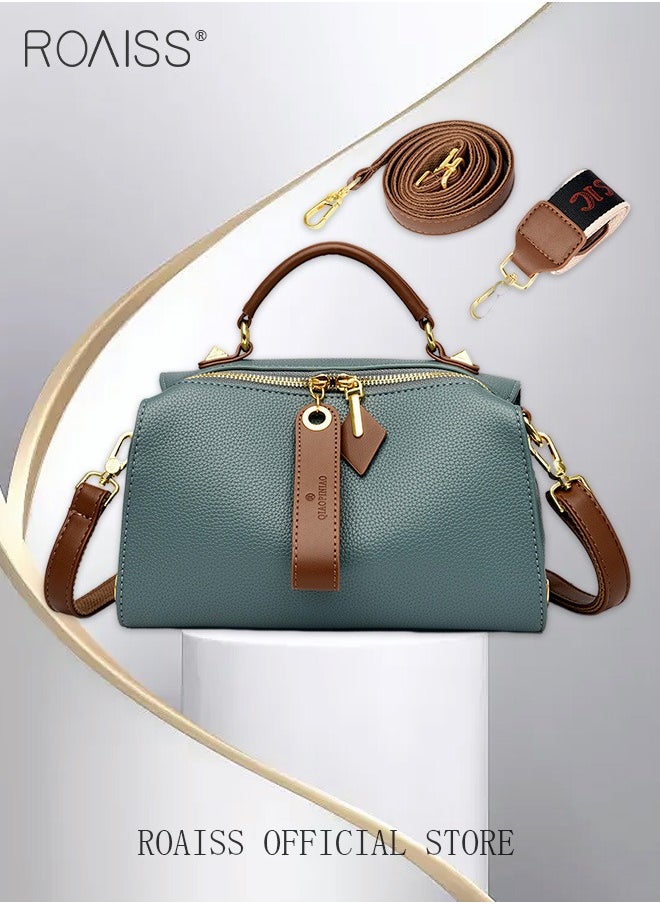 roaiss - Women's New Fashion Bags Soft Leather Simple Classic Crossbody Bag Double Layer Compartment Zippers Closure Handbag Boston Bag - Image 1