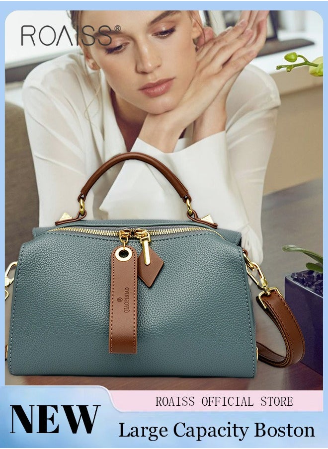 roaiss - Women's New Fashion Bags Soft Leather Simple Classic Crossbody Bag Double Layer Compartment Zippers Closure Handbag Boston Bag - Image 1