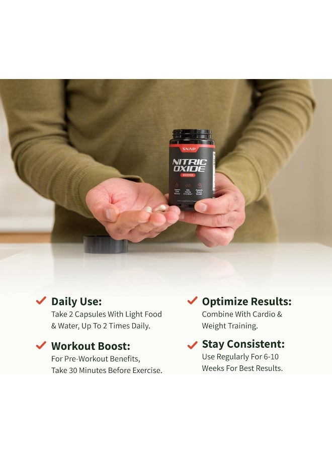 Snap Supplements Nitric Oxide Supplement - Pre Workout With L Arginine, L Citrulline, Taurine For Muscle Building, Strength & Endurance, Amino Energy, 60 Capsules