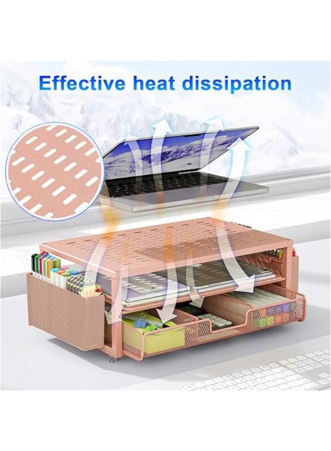 Arabest Desk Organizers and Accessories, Monitor Stand with Drawer and 2 Pen Holder, Desktop Organizer Suitable for Offices and Dormitories (Rose Gold)  - Image 2