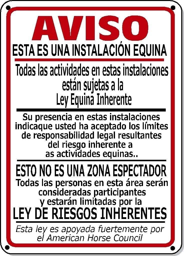 Licpact Supplemental Equine Liability Sign Spanish Warning Statute Horse Stable Farm Metal Sign 12"x8" - Image 1