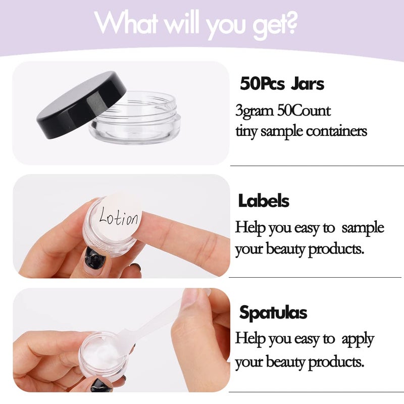 GOLACKY 3 Gram Sample Containers with Lids, 50 Count Tiny Sample Jars, Empty Lip Balm Containers, Mini Cosmetic Container with Lids, Makeup Travel Container with Labels, Mini Disposable Spatulas - Image 4