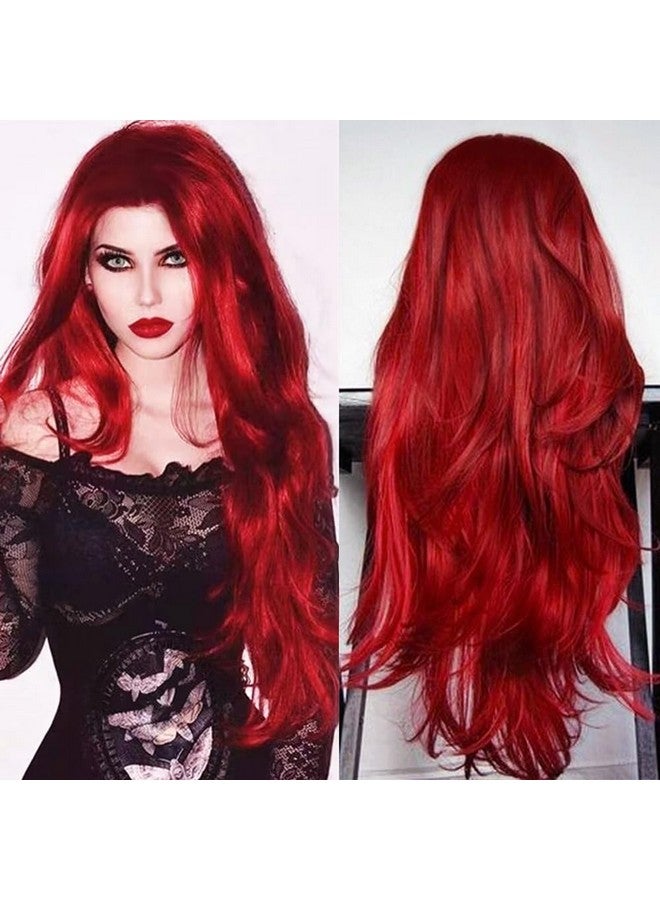 Swiking Red Long Wigs For Women Curly Wave Middle Part Wig Natural Looking Wig Wavy Synthetic Hair For Daily Party Halloween Wear - Image 2
