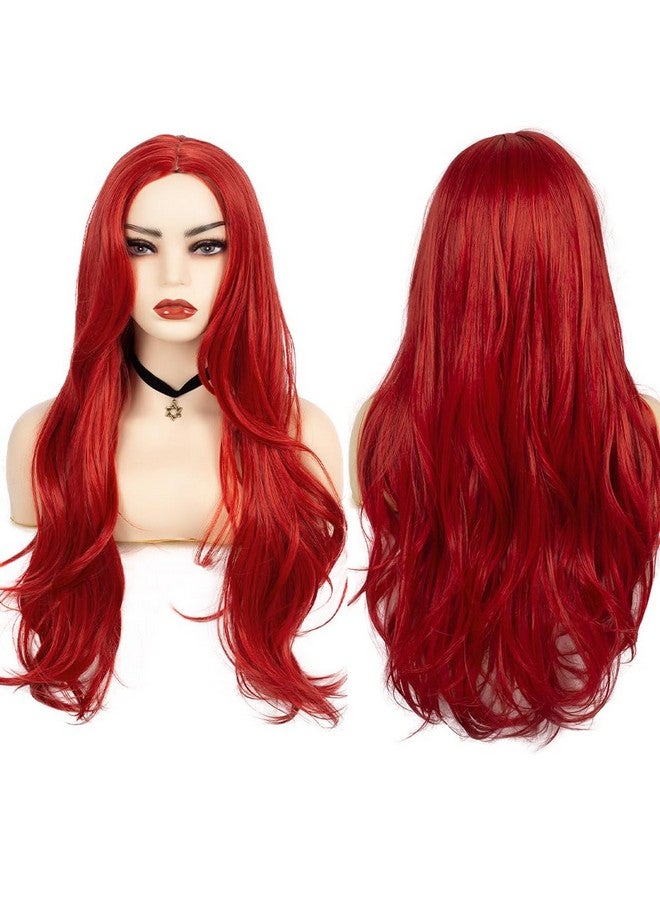 Swiking Red Long Wigs For Women Curly Wave Middle Part Wig Natural Looking Wig Wavy Synthetic Hair For Daily Party Halloween Wear - Image 3