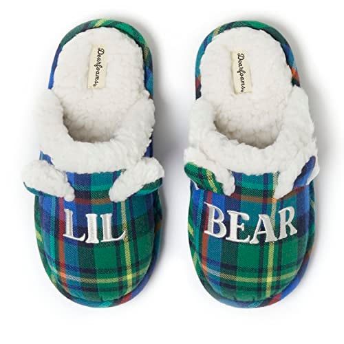 Dearfoams Easter Basket Stuffers Gifts for Kids Toddler Baby Slipper, Green Plaid Lil Bear, 4-5 US Unisex Big - Image 1