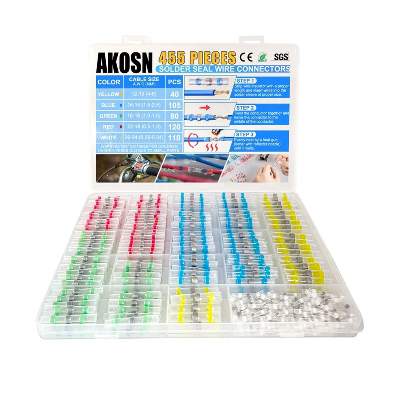 AKOSN 455 PCS Heat Shrink Self Soldering Butt Connector, Solder Seal Wire Connectors Kit, Waterproof Wire Solder Stick Splice Connector for Marine Electrical Automotive (5 Colors/5 Sizes/ 26-10 Gauge) - Image 1