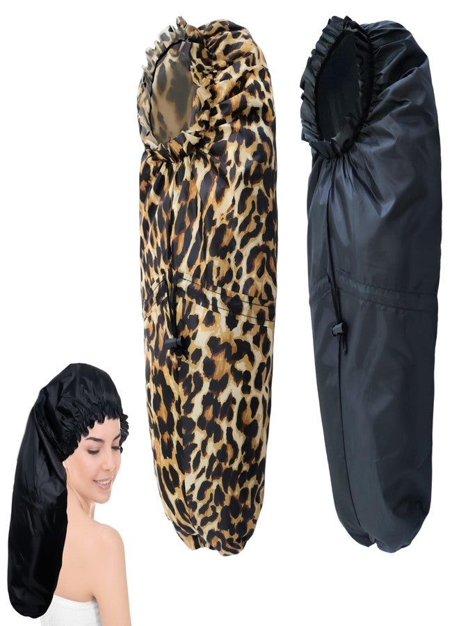Drokenle Large Shower Caps for Braids, 2 PCS Waterproof Shower Caps for Women Long Hair, Reusable Large Size Bath Caps Hair Bonnets for Thick Curly Hair, Locs, Twist Braids, Dreadlocks (Black, Leopard) - Image 1