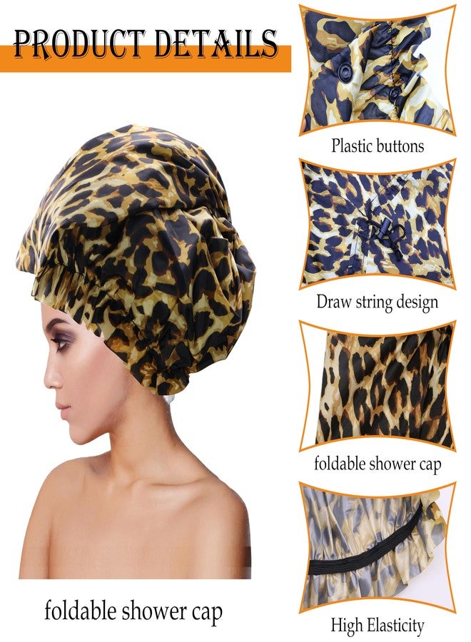 Drokenle Large Shower Caps for Braids, 2 PCS Waterproof Shower Caps for Women Long Hair, Reusable Large Size Bath Caps Hair Bonnets for Thick Curly Hair, Locs, Twist Braids, Dreadlocks (Black, Leopard) - Image 2