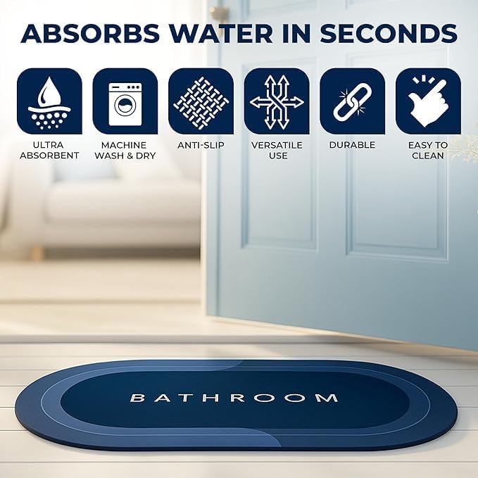 VERVENIX Pack of 1 Quick Dry Soft Bathroom Mat | Super Absorbent Velvet Bath Mat with Anti-Skid Rubber Backing | Water Absorbing Doormat for Bathroom, Kitchen & Home (Blue) - Image 4