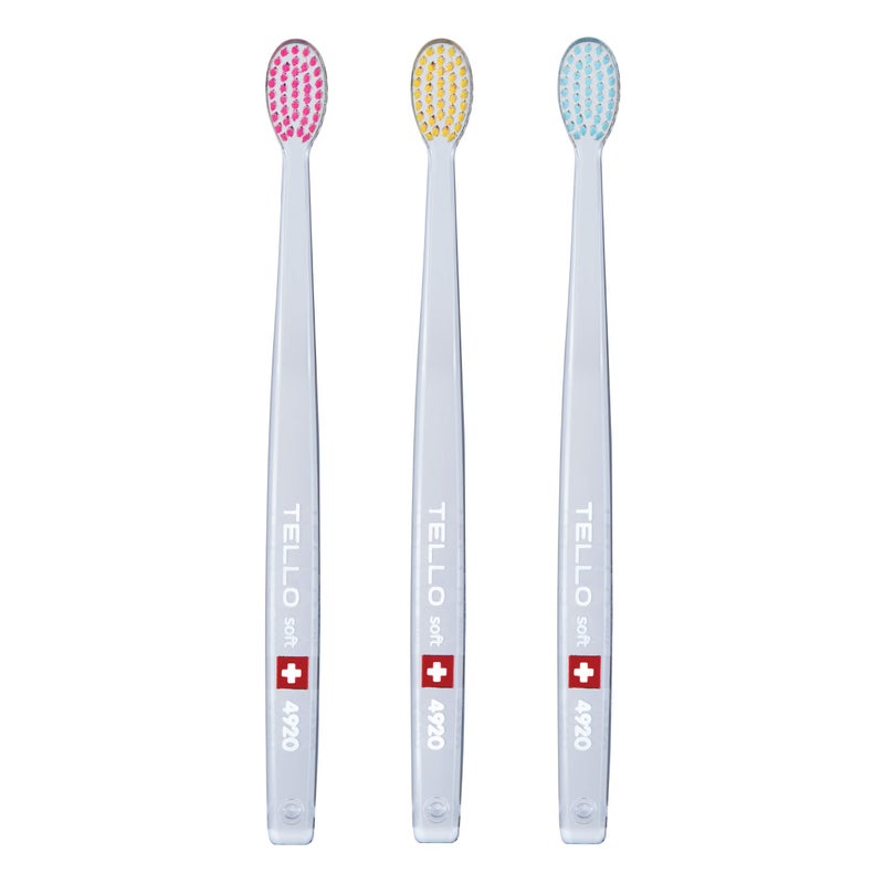 TELLO 4920 Adult Soft Swiss Toothbrush for Gentle Cleaning with Ergonomic Handle 3 Count