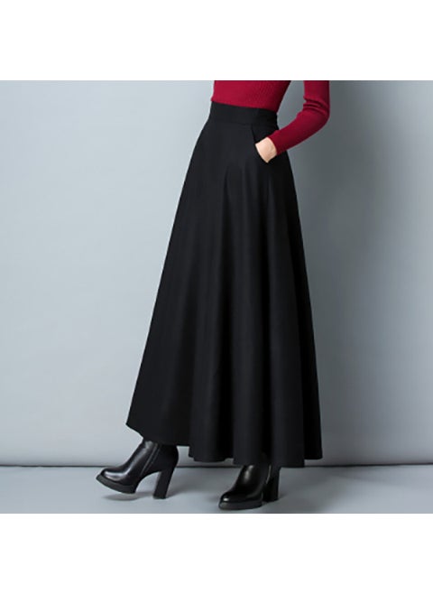Versatile Medium-Length Woolen Skirt For Autumn/Winter Square Dance Universal Style Casual Comfortable Womens Fashion Black [86cm long skirt/with pockets]