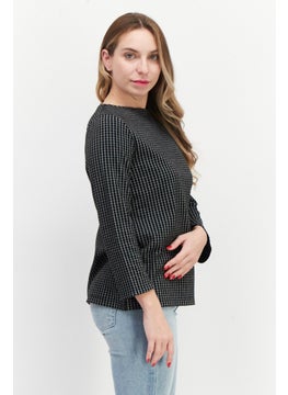 Zero Women Round Neck Long Sleeve Plaid Blouse, Black  - Image 2