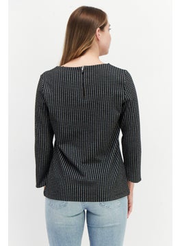 Zero Women Round Neck Long Sleeve Plaid Blouse, Black  - Image 3