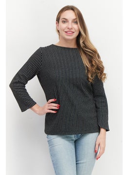 Zero Women Round Neck Long Sleeve Plaid Blouse, Black  - Image 1