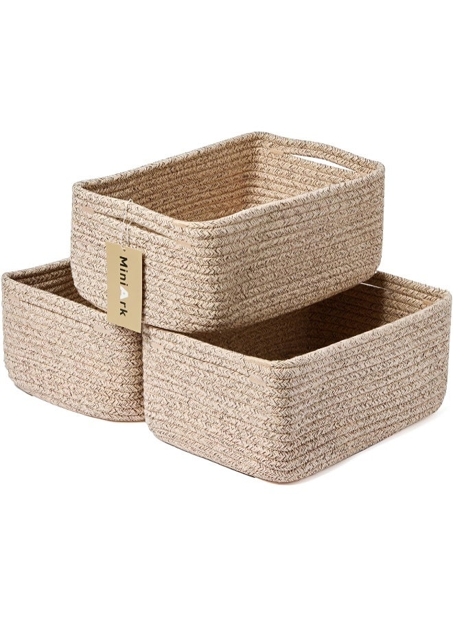 Small Storage Baskets Set of 3, Woven Cotton Rope Organizer Bins for Closet, Shelf, Nursery and Bathroom, Shallow Decorative Cube Basket, 30 x 19 x 12 cm, Natural Beige - Image 1
