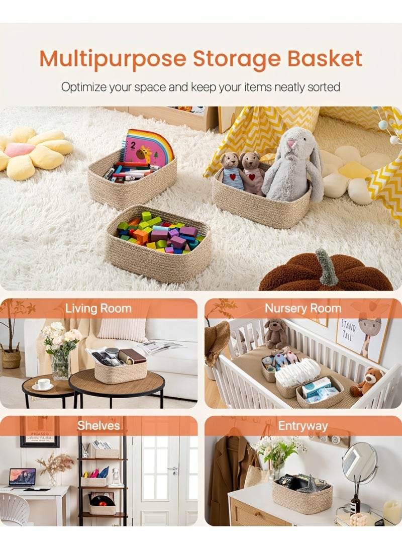Small Storage Baskets Set of 3, Woven Cotton Rope Organizer Bins for Closet, Shelf, Nursery and Bathroom, Shallow Decorative Cube Basket, 30 x 19 x 12 cm, Natural Beige - Image 3