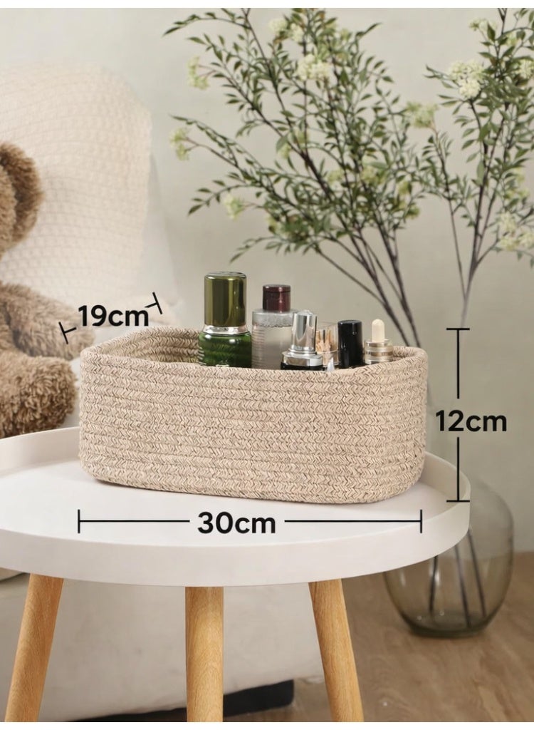 Small Storage Baskets Set of 3, Woven Cotton Rope Organizer Bins for Closet, Shelf, Nursery and Bathroom, Shallow Decorative Cube Basket, 30 x 19 x 12 cm, Natural Beige - Image 2