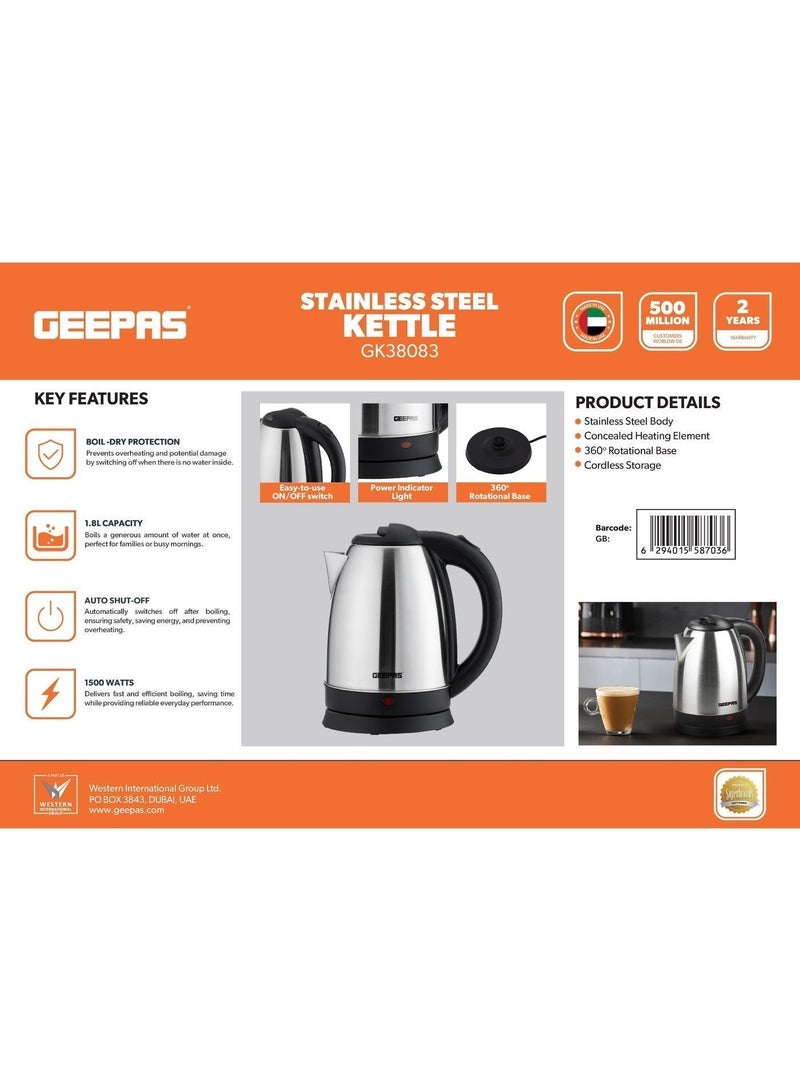 GEEPAS 1.8L Stainless Steel Electric Kettle 1500W | Fast Boil, Auto Shut-Off & Boil-Dry Protection | 360° Rotational Cordless Base | Concealed Heating Element | GK38083 Silver & Black | Made in UAE 1.8 L 1500 W GK38083 Silver & Black - Image 5