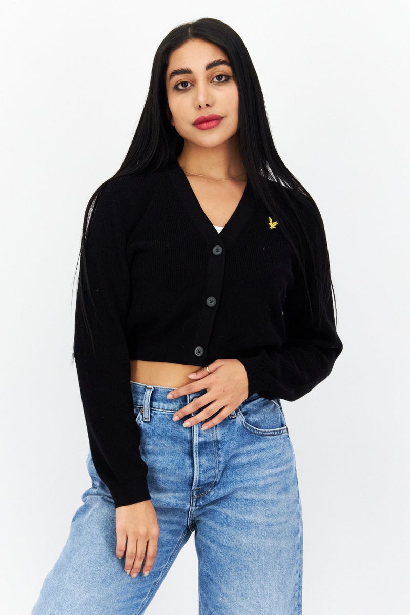 Lyle & Scott Women V-Neck Brand Logo Cardigans, Black  - Image 1