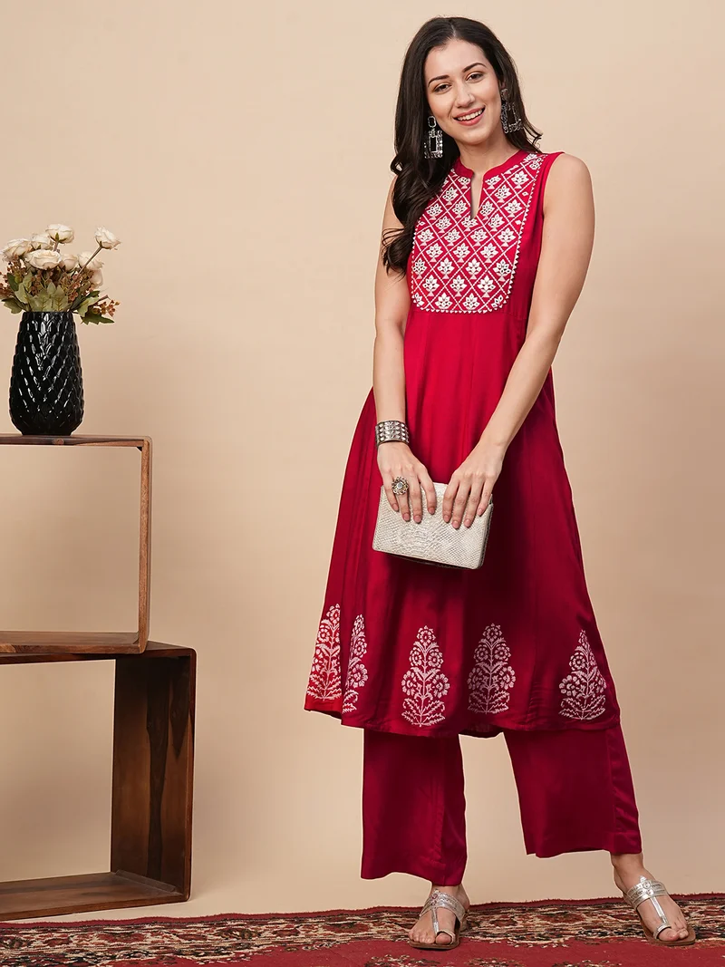 globus Women Embroidered Yoke Panelled Gotta Lace A-Line Kurta With Straight Pants Festive Set