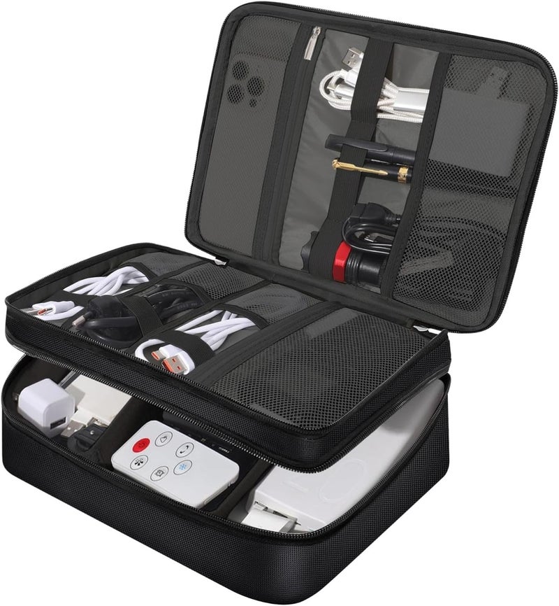 Gadget Travel Tech Organizer Case Bag Pouch for Electronic, Toiletry Organiser, Cosmetic Kit Polyester Water-Repellent for Phone, Charger, Hard Disk, Cables, Power Bank, Grey, Large Double - Image 2