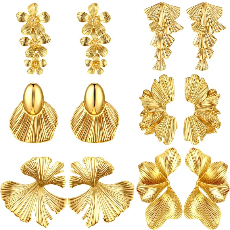 Loetere 6 Pairs Chunky Gold Statement Earrings Set for Women Gold Geometric Hoop Dangle Earrings Knot Flower Stud Drop Trendy Gift(Floral) - Image 1