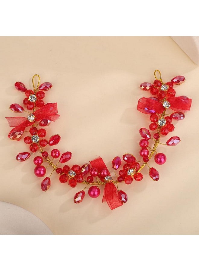BERYUAN Red Rhinestone Pearls Headpiece Flower Girls Knotted Hair Piece Silver Gold Princess Rhinestone Pearls Hair Vine Wedding Hair Accessories For Brides Bridesmaid (Red) - Image 3