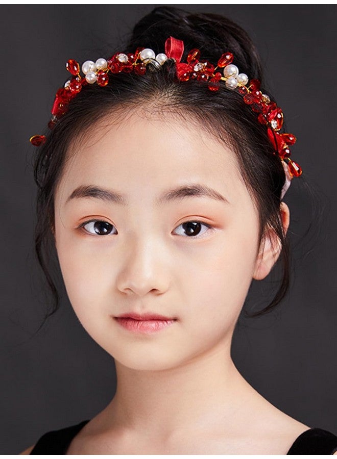 BERYUAN Red Rhinestone Pearls Headpiece Flower Girls Knotted Hair Piece Silver Gold Princess Rhinestone Pearls Hair Vine Wedding Hair Accessories For Brides Bridesmaid (Red) - Image 1